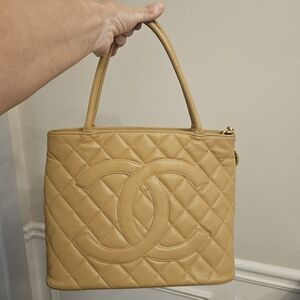 Authentic CHANEL Medallion Tote Bag in Beige Caviar Leather